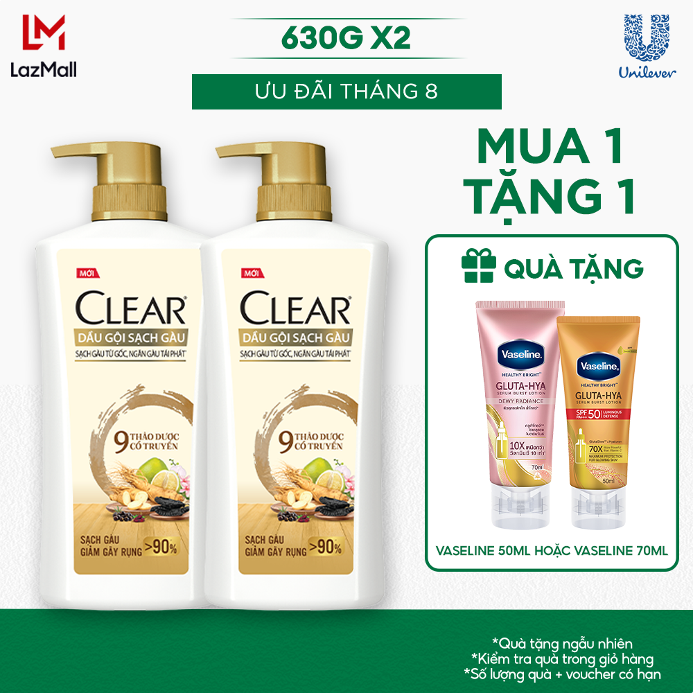 Combo 2 Dầu Gội CLEAR 9 Thảo Dược Cổ Truyền Sạch Gàu Giảm Gãy Rụng 630G x 2