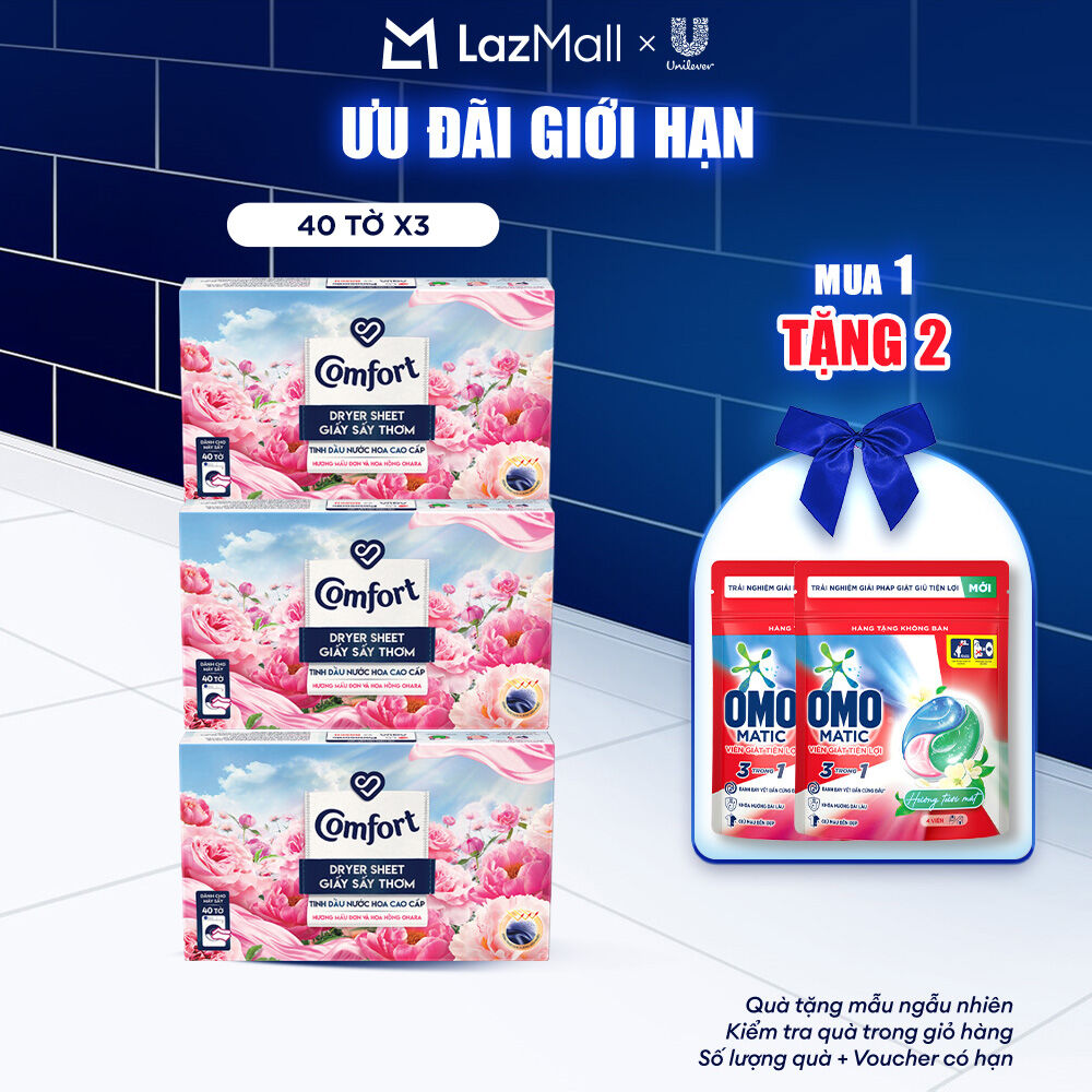  Combo 3 Hộp Giấy Thơm Comfort Hương Mẫu Đơn Và Hoa Hồng Ohara 40 tờ hộp Dành Cho Máy Sấy Quần Áo Tủ Quần Áo 