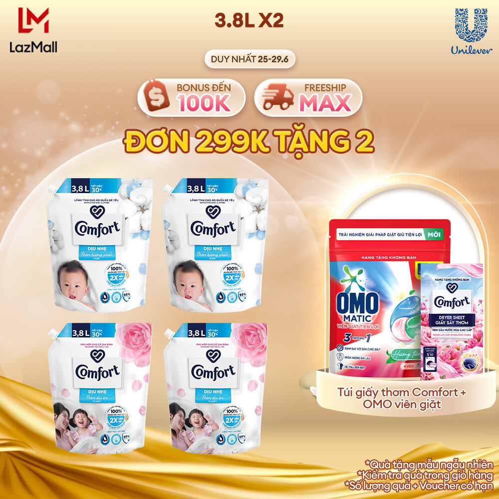 Combo 2 Nước Xả Vải Comfort Dịu Nhẹ 3.8L