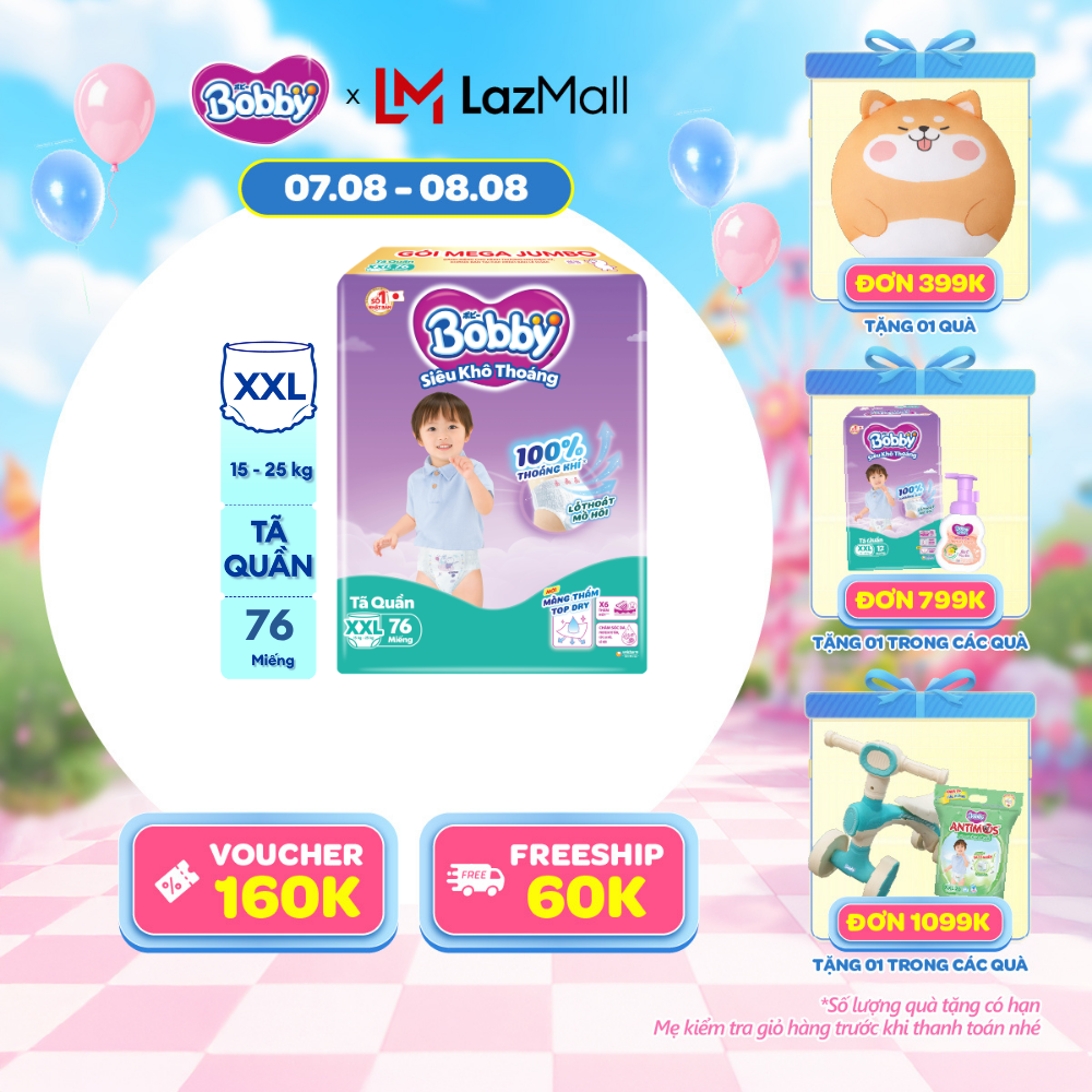[20g 7-10.8 QUÀ TO]Tã/bỉm quần Bobby 3mm Mega Jumbo Siêu khô thoáng XXL76 [Bao bì thay đổi theo từng đợt nhập hàng]