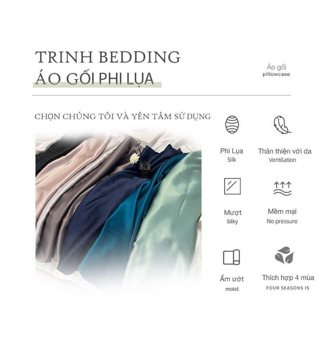Vỏ Gối Nằm Phi Lụa lạnh Basic 40x60CM. Mát mịn ít bám bụi Trinh Bedding