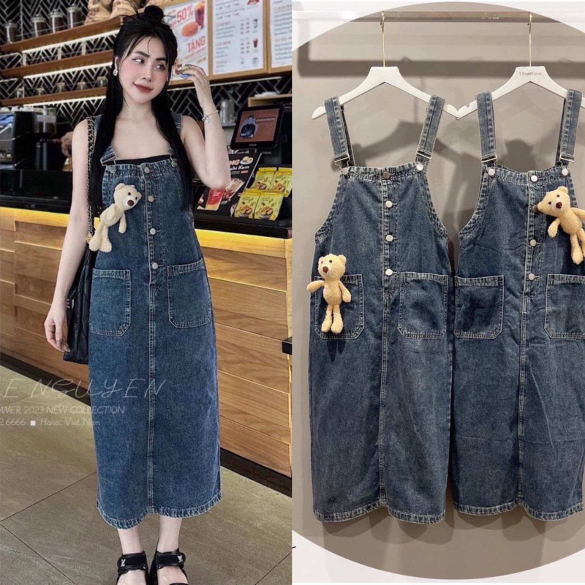 Váy jean kèm gấu dáng suông phong cách hàn quốc