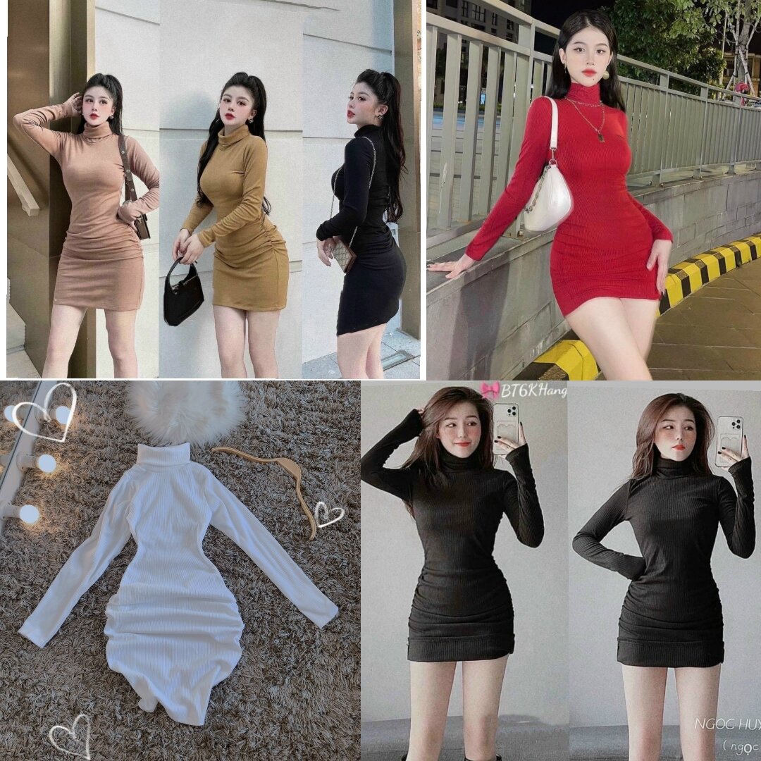 Đầm Body Cổ Lọ Tay Dài Chất Thun Gân_Zuzu