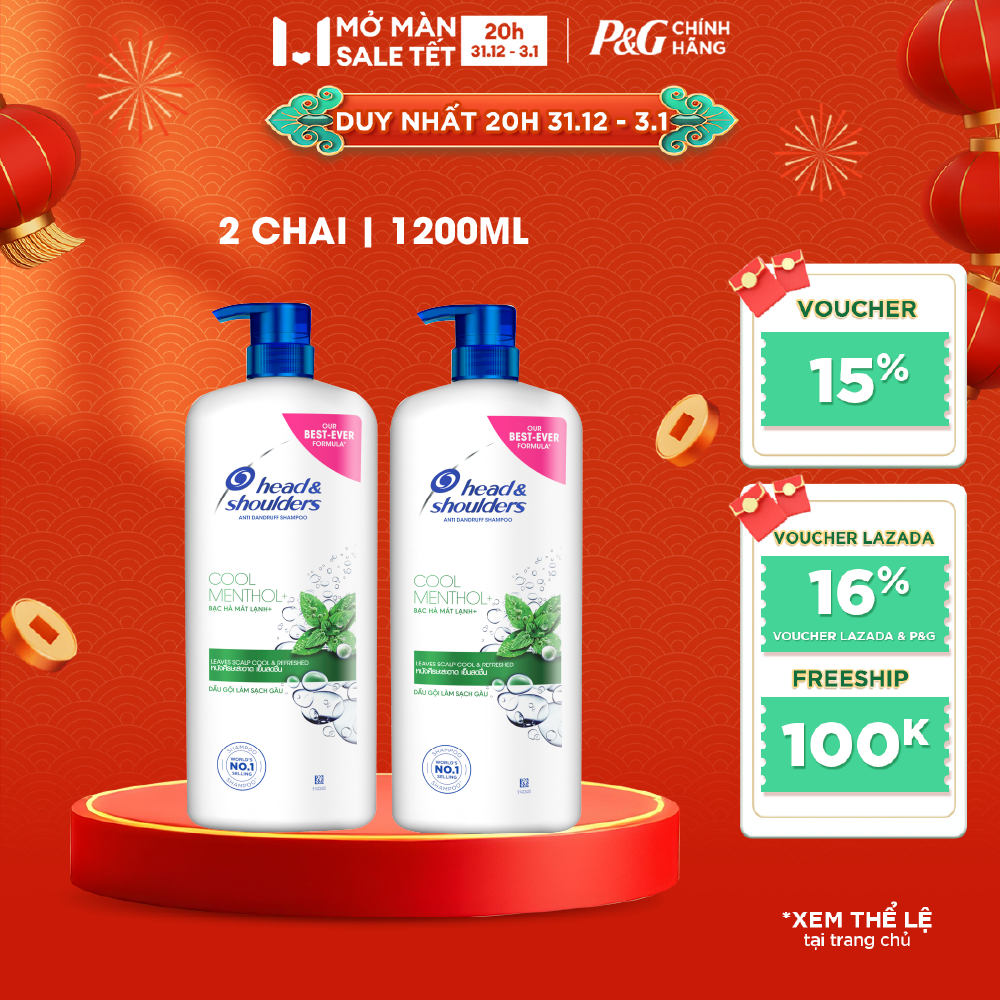  Combo 2 Dầu Gội HEAD & SHOULDERS Sạch Gàu Bạc Hà Mát Lạnh  Giảm Ngứa Da Đầu Chai 1200ML 