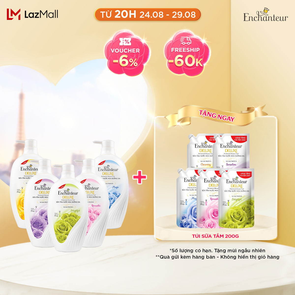 [Seasonal] Sữa tắm nước hoa dưỡng da Enchanteur Charming/Sensation 650g + Tặng túi sữa tắm 200g (quà quấn kèm không hiển thị giỏ hàng)
