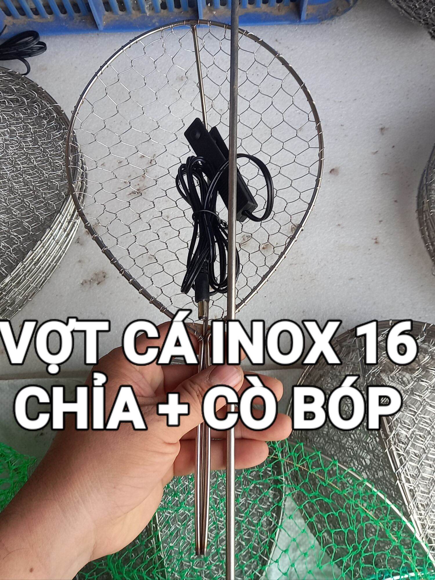 1 vợt cá inox , 1 cò bóp , 1 xiên