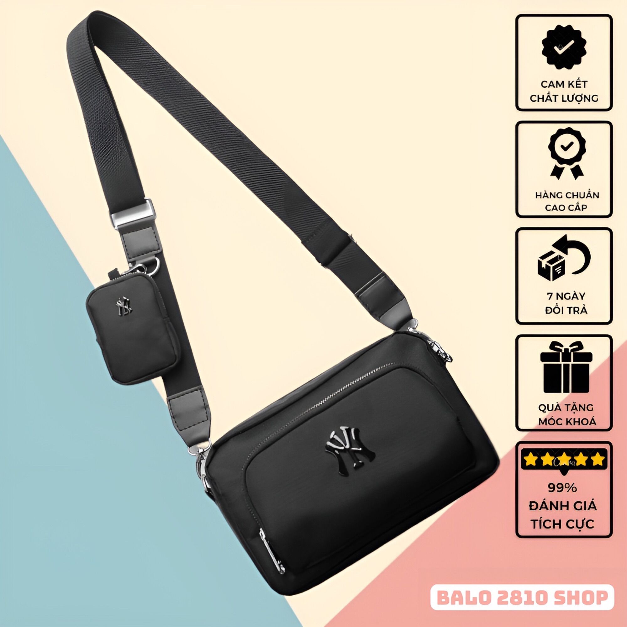 Túi Đeo Chéo MLB Đen NY CrossBag Men Nylon 2022 Túi MLB Kèm Túi Treo Mini Chất Liệu Poly Chống Nước Cao Cấp Balo 2810