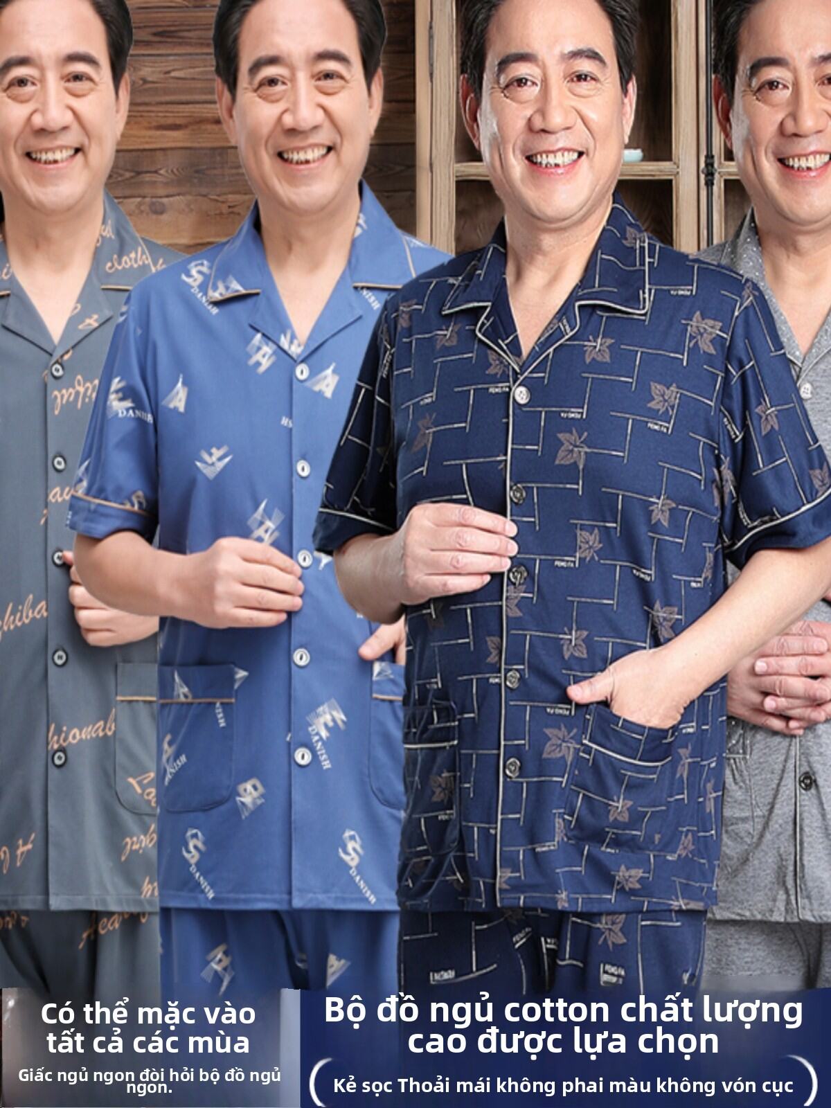 Bộ Đồ Ngủ Cotton Mỏng Tay Ngắn Mùa Hè Cho Nam Trung Niên Bộ Đồ Mặc Nhà Thoải Mái Thoáng Khí in Họa Tiết Chữ Cái Phong Cách Đơn Giản