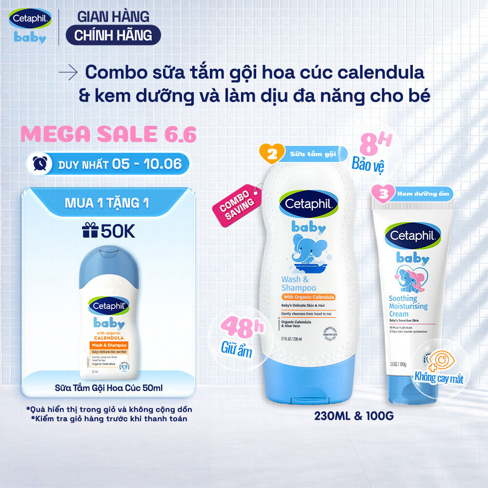 Combo 2 bước Sữa tắm gội với Calendula hoa cúc hữu cơ 230ml + Kem dưỡng ẩm làm dịu đa năng Cetaphil Baby 100Gr