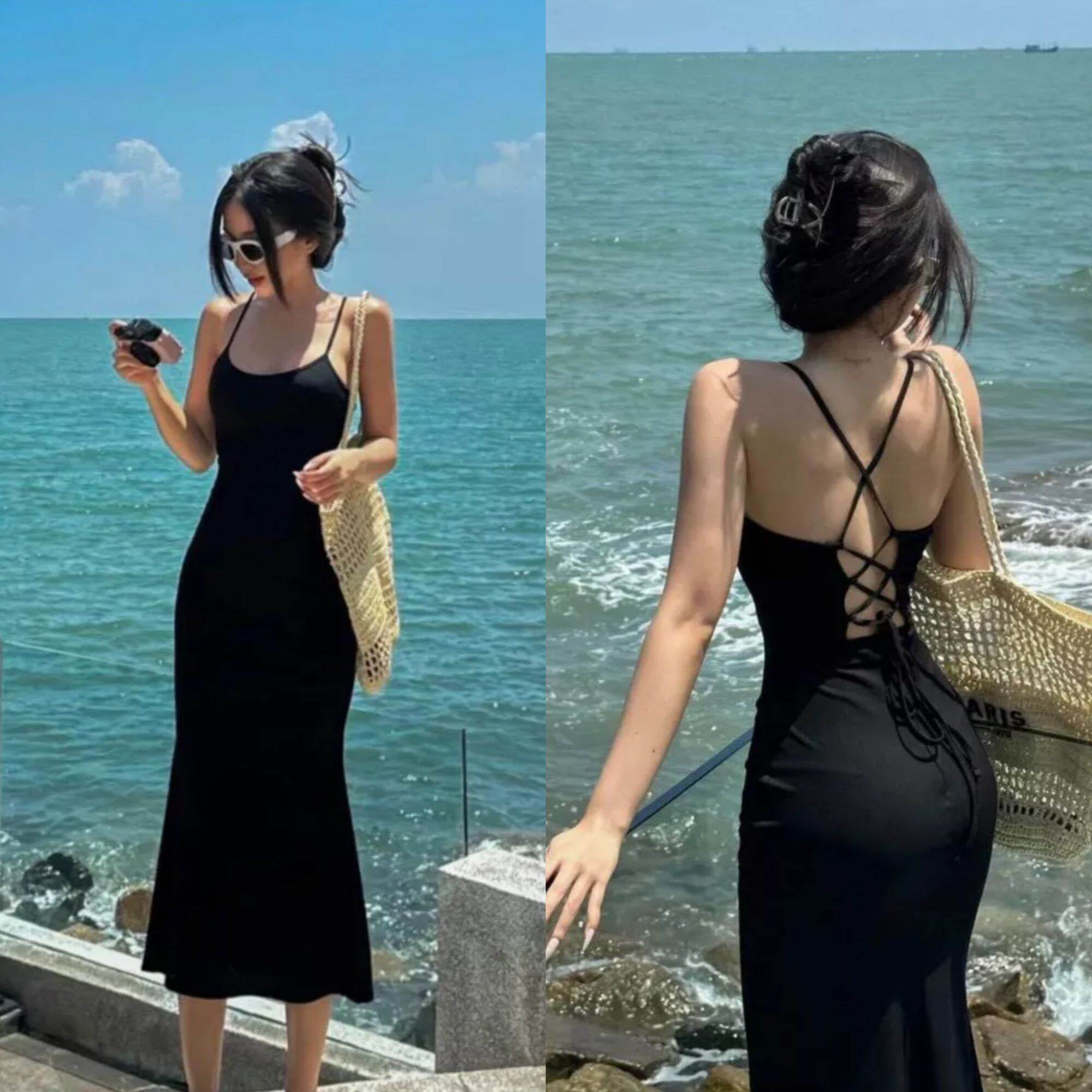 Đầm 2 dây body maxi đi biển hở lưng, váy nữ đuôi cá đan lưng không mút G168