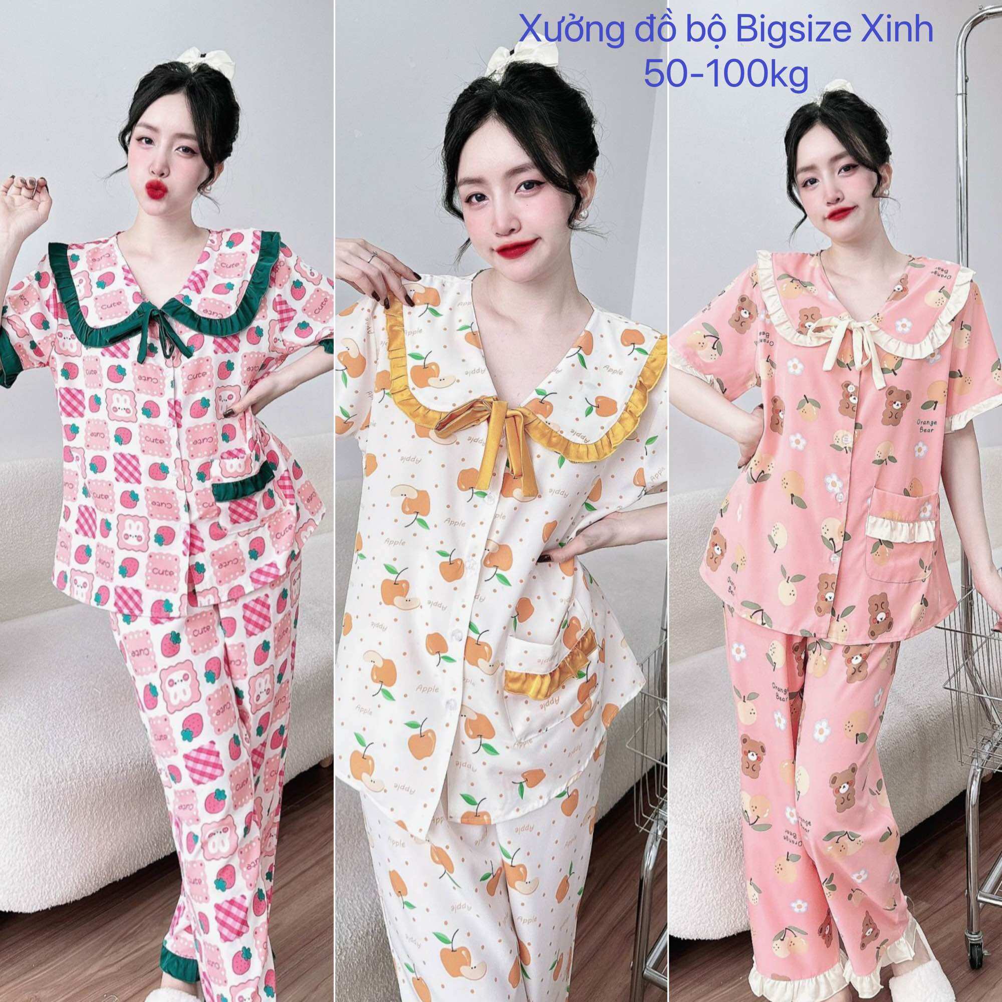 Đồ Bộ bigsize dài tiểu thư 50-100kg lụa mềm mịn đồ mặc nhà dễ thương cho nữ