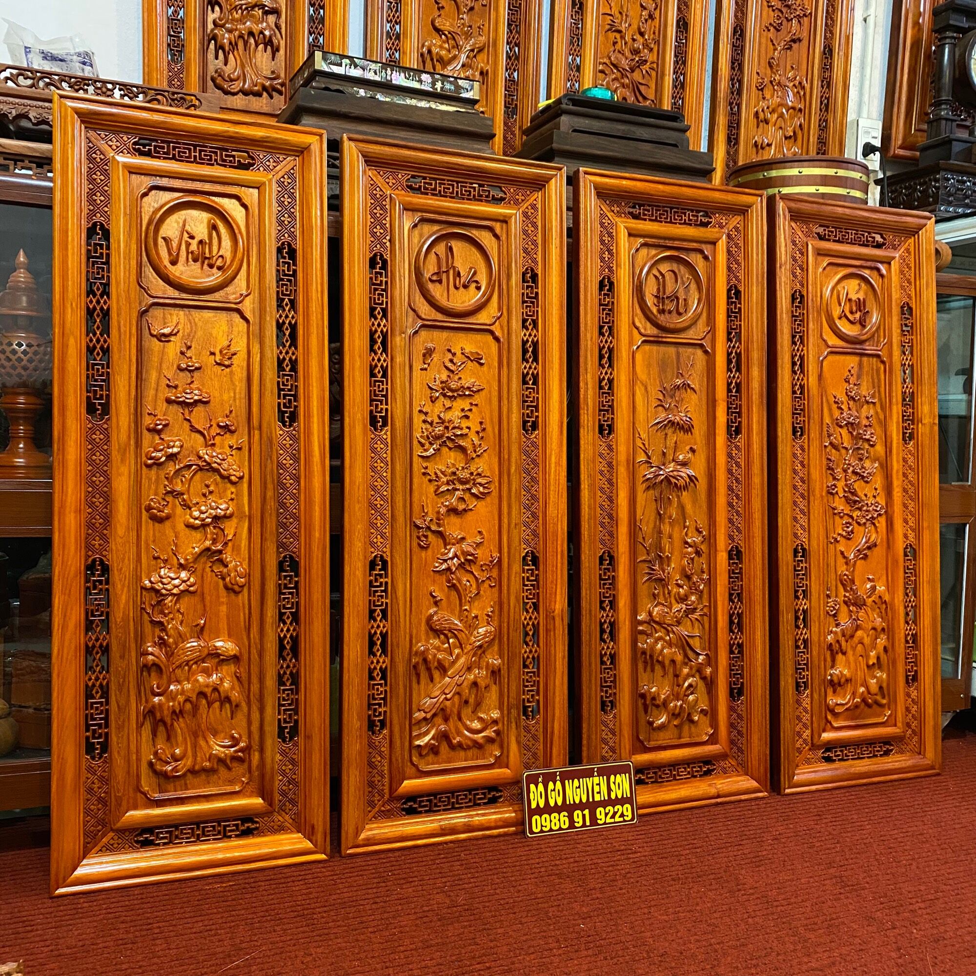 Bộ Tranh tứ quý gỗ hương đỏ nam phi