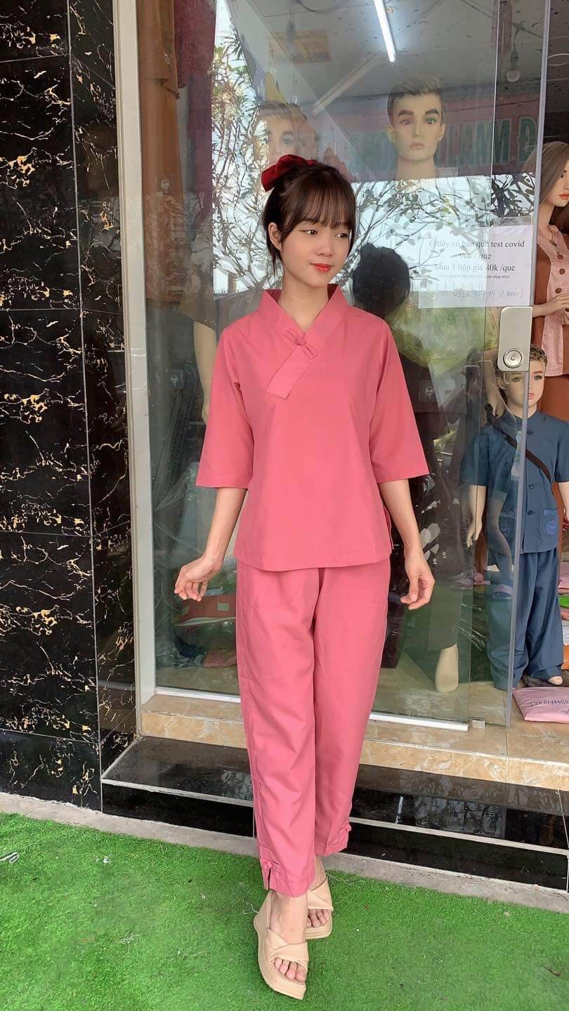 Bộ nữ đi chùa 1 nút không thêu vải Kate