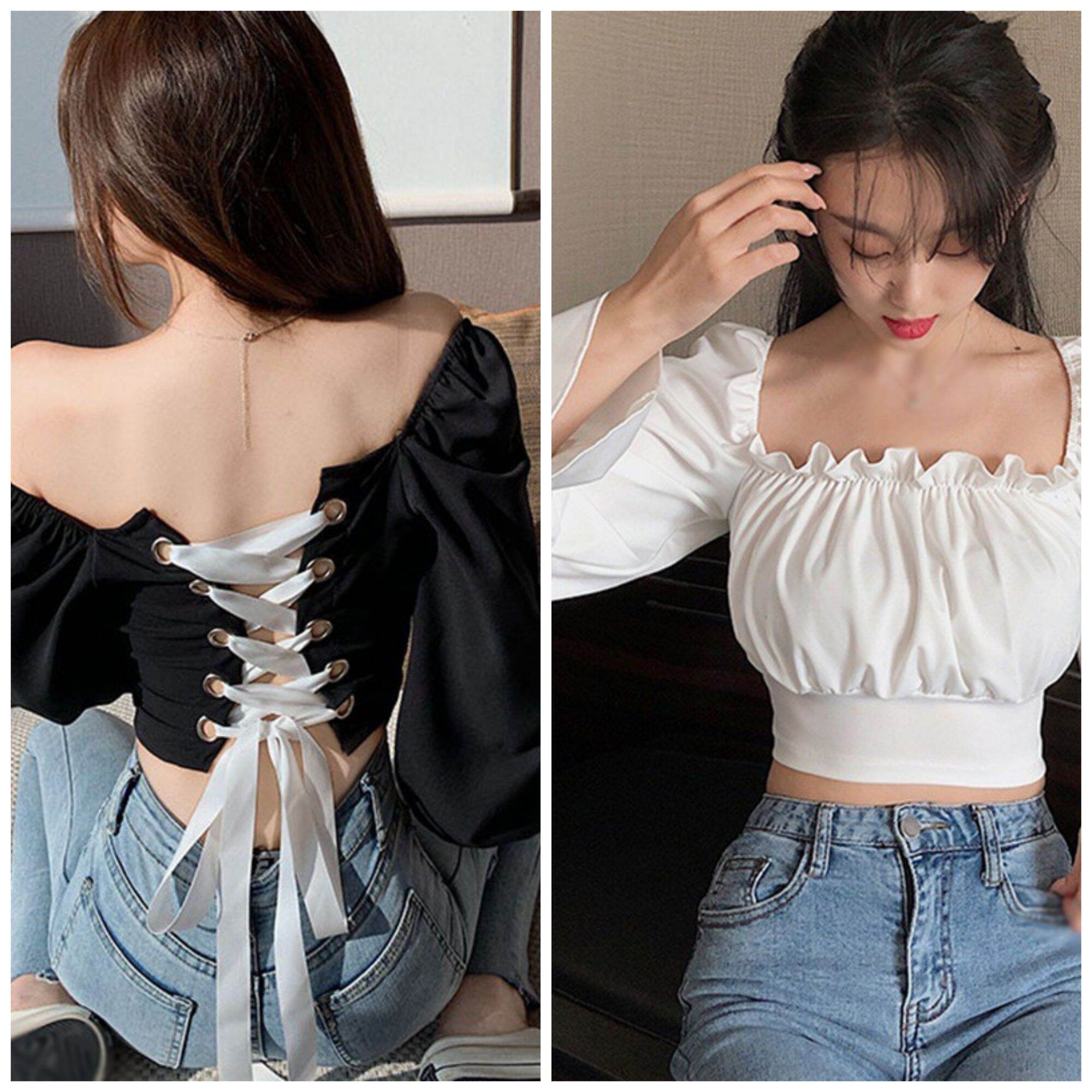 Áo croprop tay dài đan khoen lưng với 2 màu DG4537