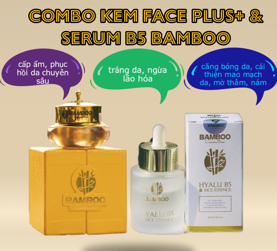 Combo kem face plus và serum B5 gạo Bamboo 2026 - Dưỡng da và chăm sóc da mặt   | Kem face plus màu vàng bóng, serum B5 gạo Bamboo trong suốt với nắp vàng, đặt trên bàn gỗ cạnh laptop và ly sữa.