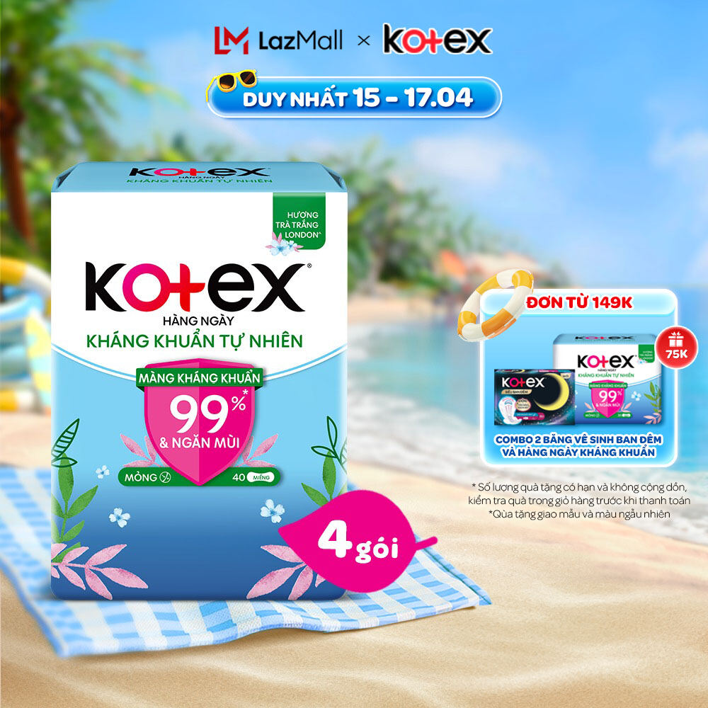 Combo 4 gói băng vệ sinh Kotex hằng ngày kháng khuẩn không cánh (40M/gói)
