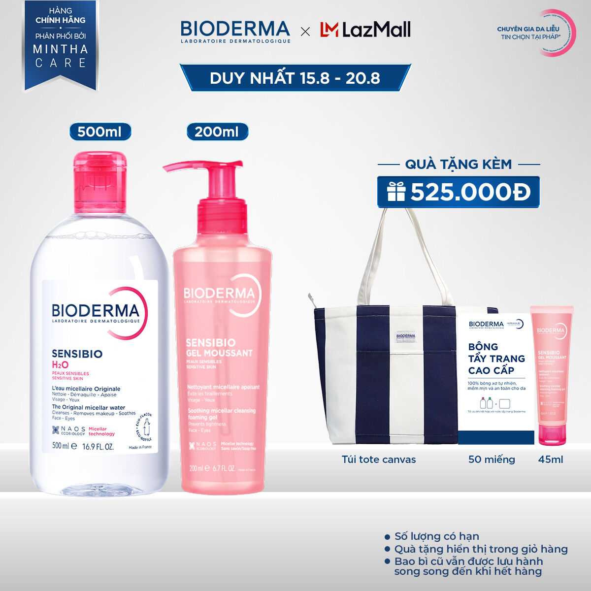 Bộ nước tẩy trang và làm sạch Micellar cho da nhạy cảm Bioderma Sensibo H2O 500ml và gel rửa mặt tạo bọt 200ml