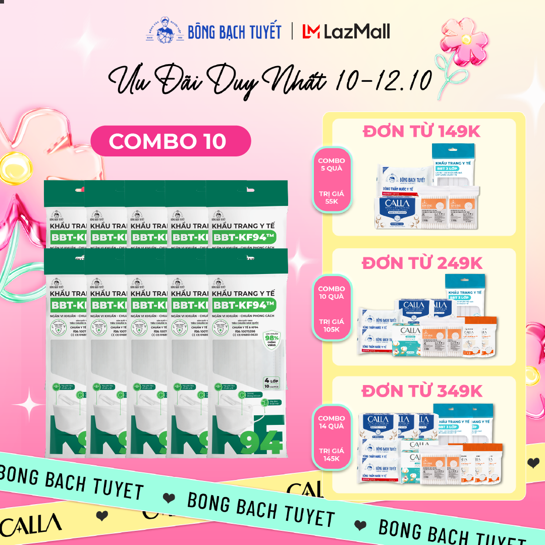 Combo 10 Gói Khẩu trang Bông Bạch Tuyết KF94 4 lớp trắng (10 cái/gói)
