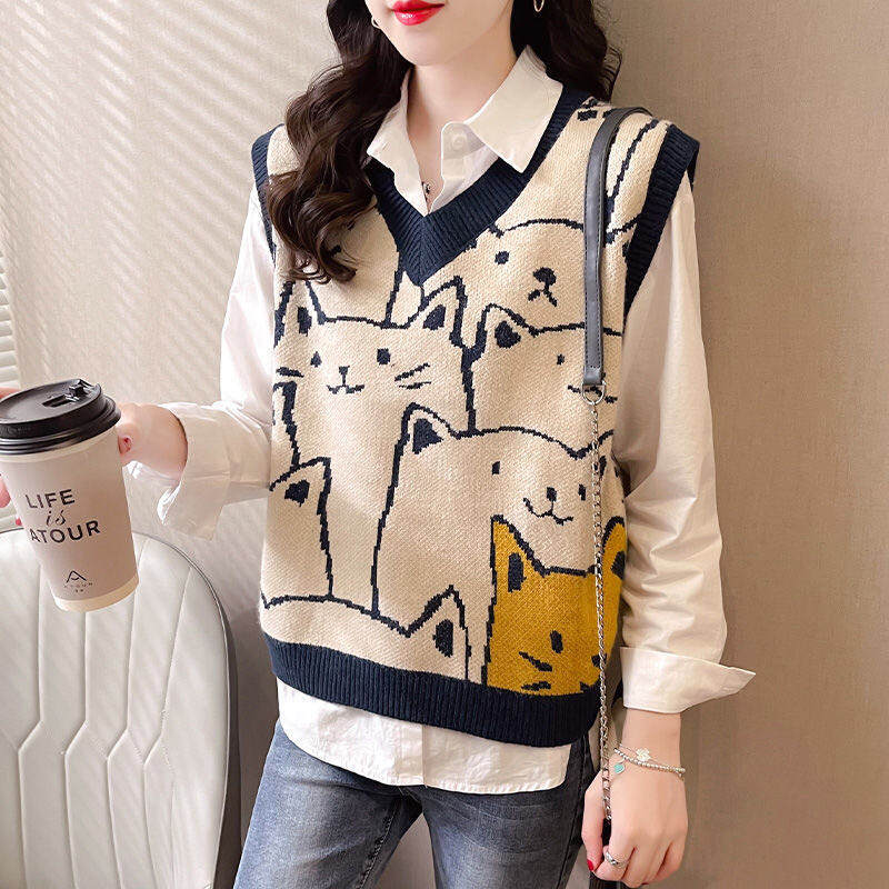 Trang phục nữ giảm giá thương hiệu gilê chính hãng thanh lý quầy hàng chuyên dụng cắt mác gilê gilê áo không tay áo hình mèo đáng yêu nữ áo dệt kim