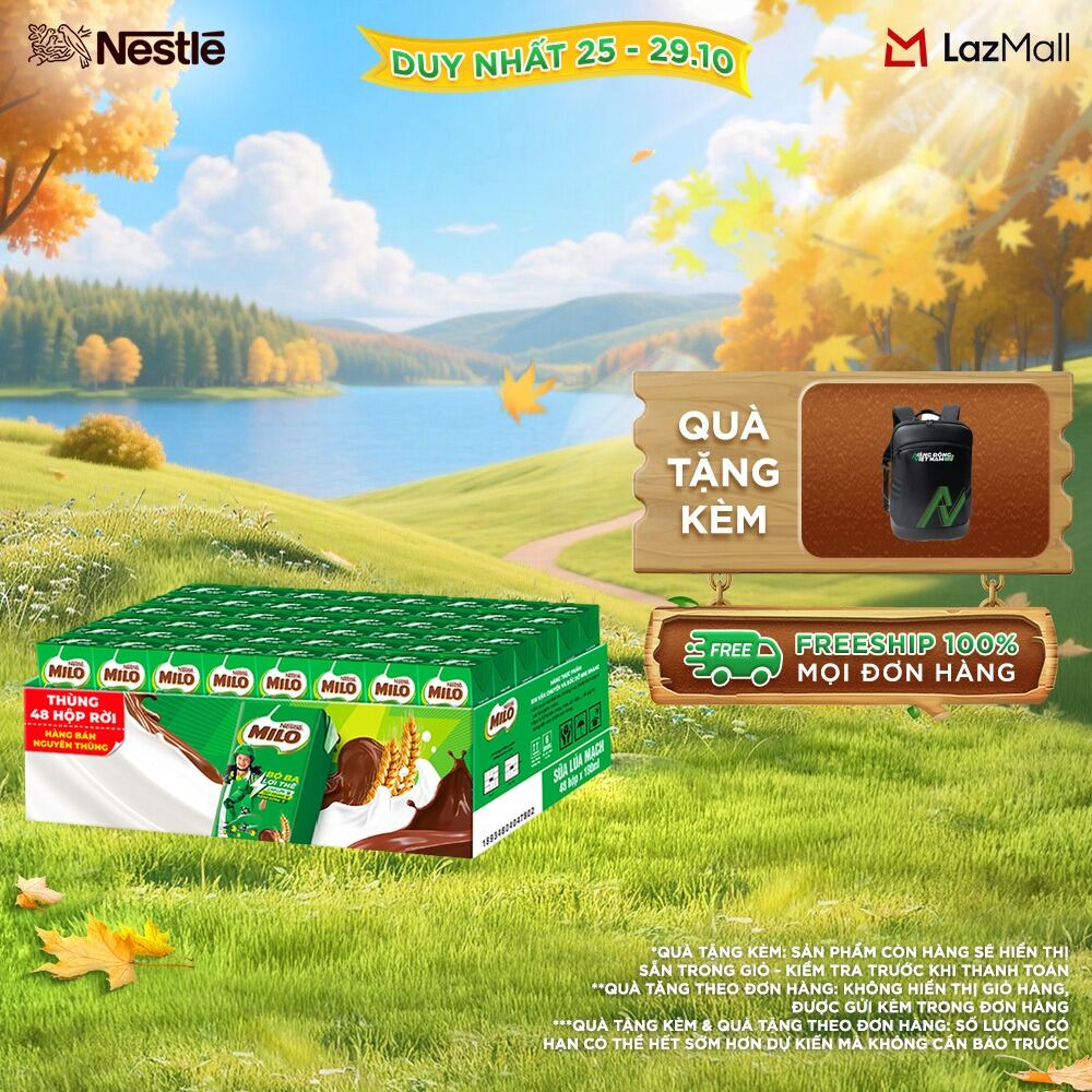 [ƯU ĐÃI THÁNG 10] FREESHIP TOÀN QUỐC] Thùng 48 Hộp Sữa lúa mạch không màng co Nestlé® MILO® 180ml