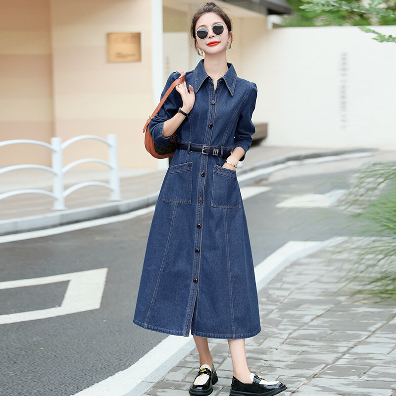 Váy sơ mi nữ mẫu mới 2023 váy liền denim một hàng cúc dáng dài vừa thon gọn chít eo trang nhã mùa xuân thu phong cách hàn quốc sành điệu