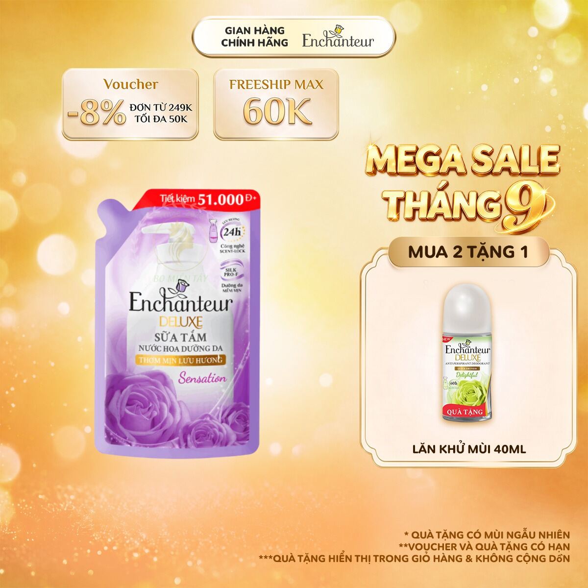 Túi Sữa Tắm hương nước hoa dưỡng da Enchanteur Sensation/Charming 450g/640g