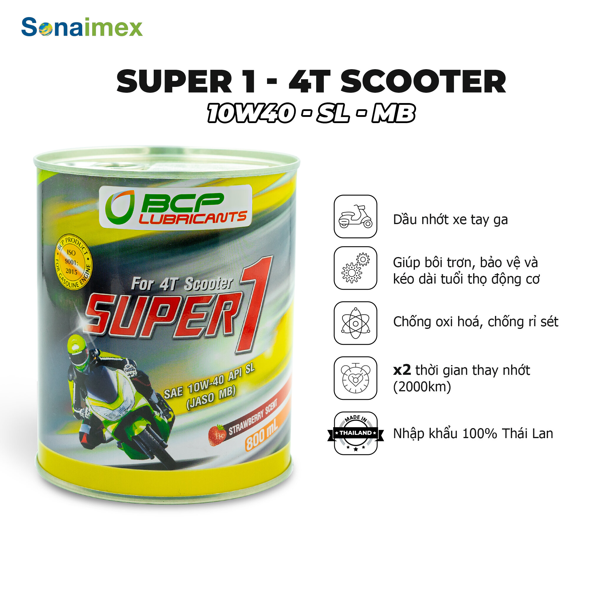 Nhớt xe máy tay ga BCP Thái Lan - SUPER 1 SAE 10W40, API SL, JASO MB (nhớt màu đỏ, thơm mùi dâu tây) - Lon 0.8L - Dầu nhớt Thái Lan nhập khẩu 100%