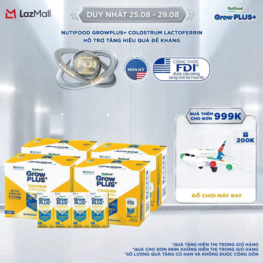 Combo 4 Thùng 24 hộp Sữa bột pha sẵn Nutifood Sweden GrowPLUS+ Colostrum Lactoferrin 110ml