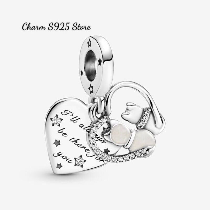 CHARM PAN ALE TREO ĐÔI MÈO HÌNH TIM BẠC S925