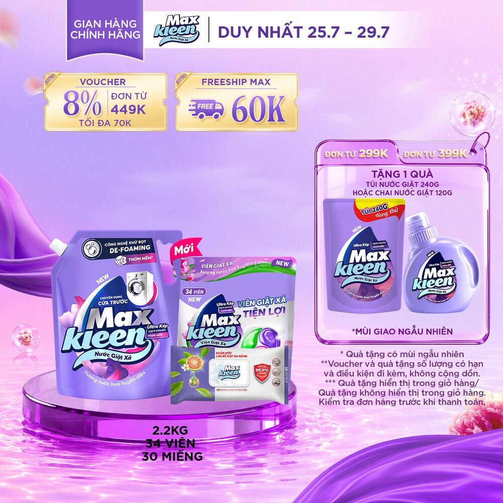 Combo Túi nước giặt cho máy giặt cửa trước Huyền Diệu 2.2kg + Túi viên hương Huyền Diệu 34 viên + Khăn ướt