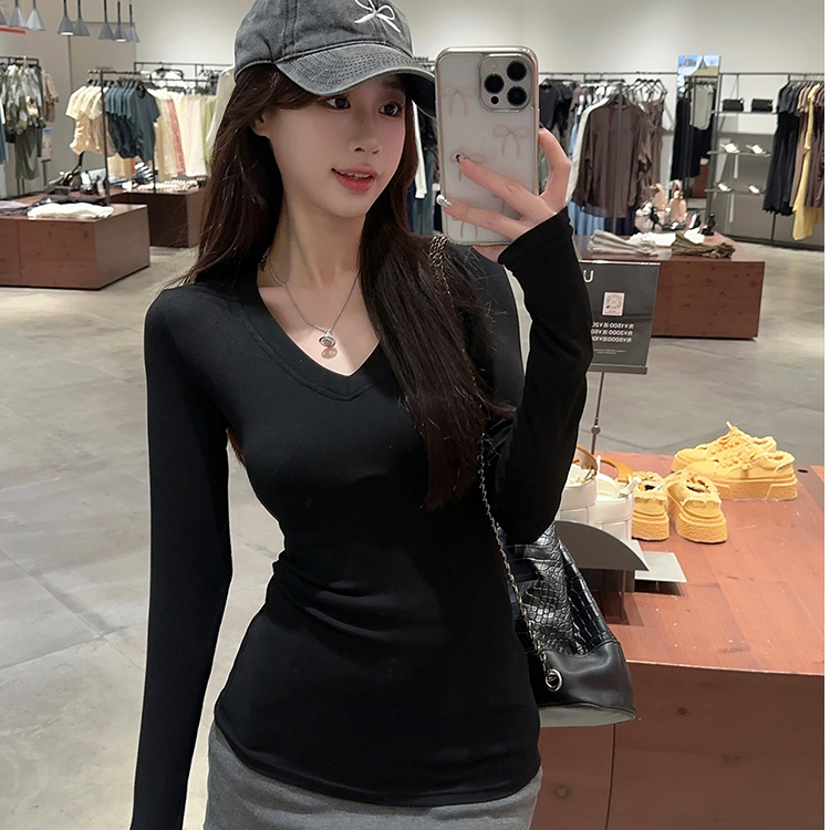 Áo Thun Nữ Cổ Chữ V Dài Tay Màu Trắng Pure Desire Basic Style Mỏng Mùa Hè Ôm Vừa Vặn Chất Liệu Polye