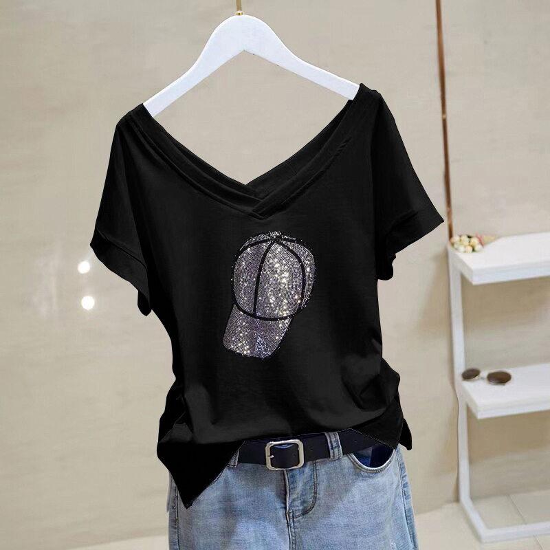 Trang Phục Mùa Hè Mẫu Mới 2023 Áo Phông Trẻ Trung Thời Trang Phong Cách Hàn Quốc Cotton Ngắn Tay Xẻ Tà Màu Đối Lập Phối Ghép Cổ V Áo Đính Đá Nữ
