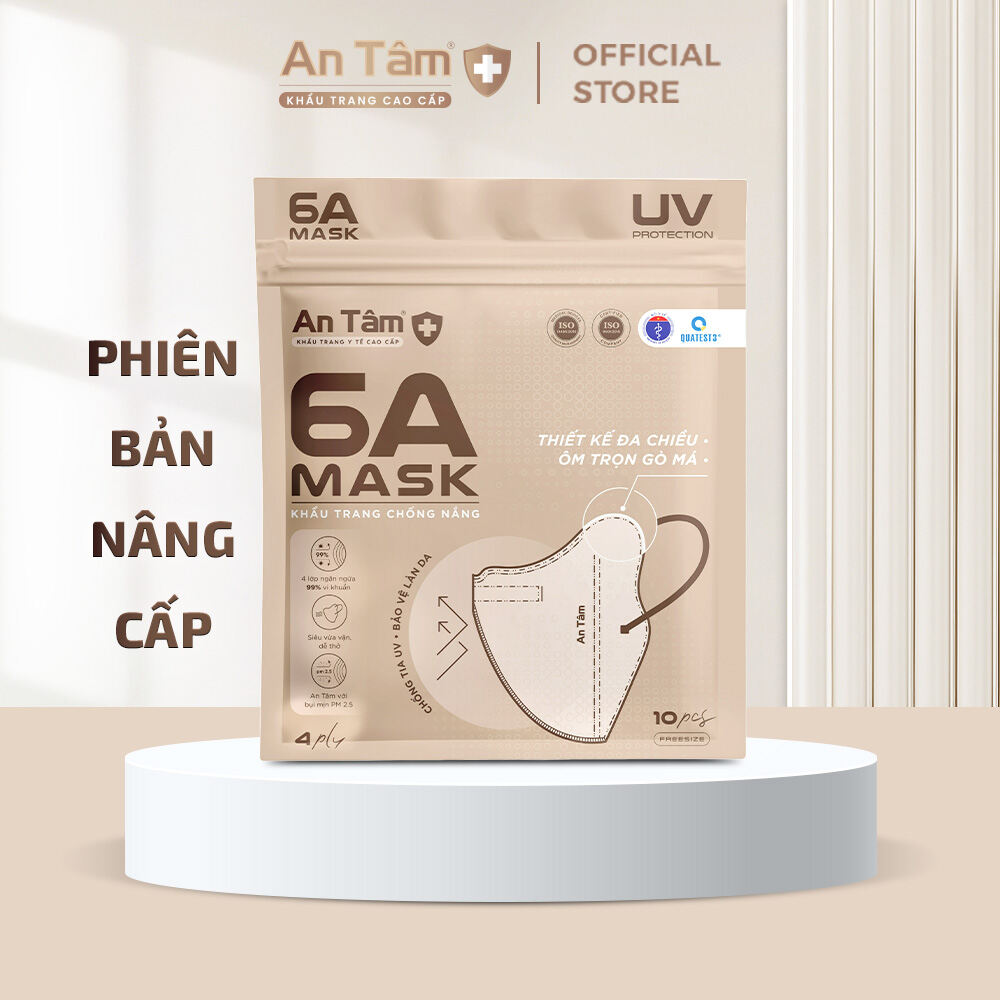 [PHIÊN BẢN NÂNG CẤP] Khẩu trang y tế kháng khuẩn 6A chính hãng An Tâm chống nắng toàn diện, bảo vệ làn da - Túi 10 cái