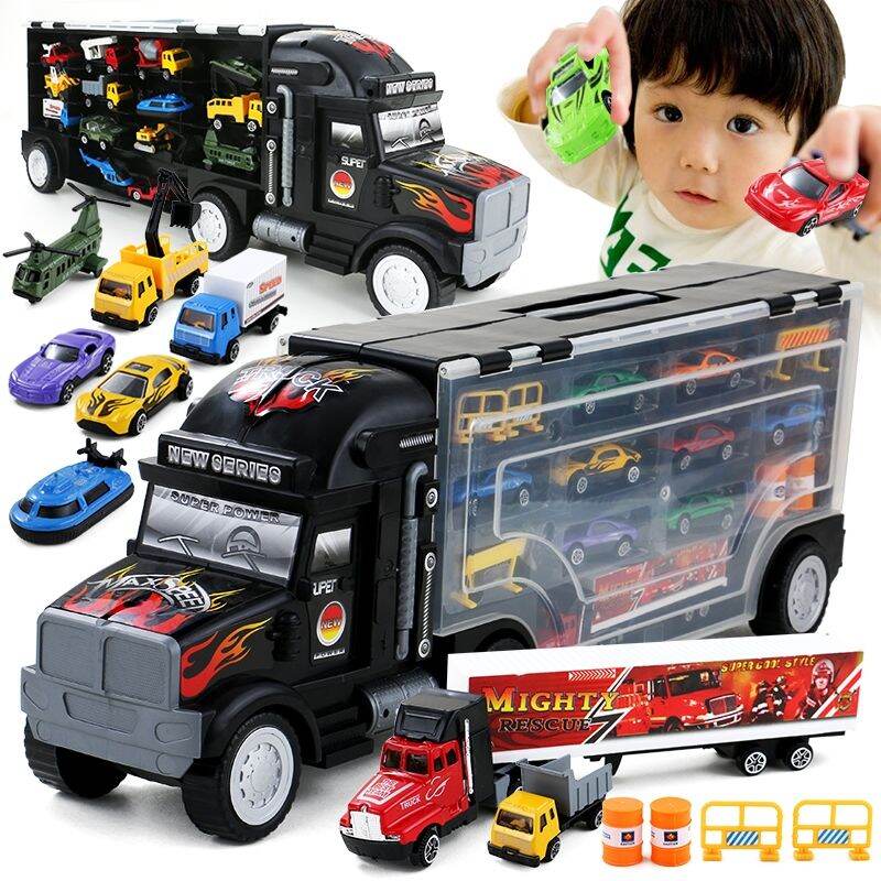 Xe tải đồ chơi xe container xe kéo kèm 6 xe con Kim Loại