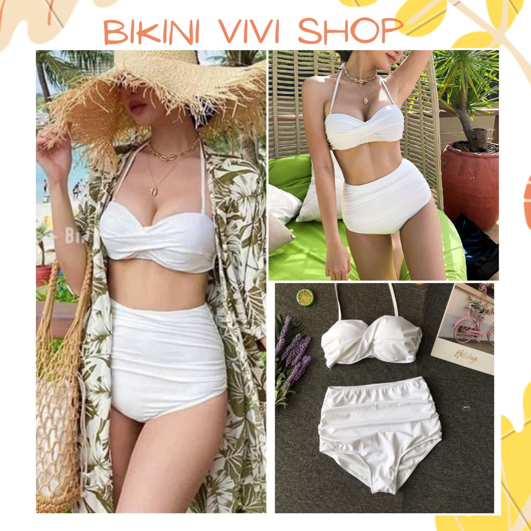 Bikini đi biển, đồ bơi 2 mảnh xoắn ngực quần cạp cao màu trắng Bikini Vivi