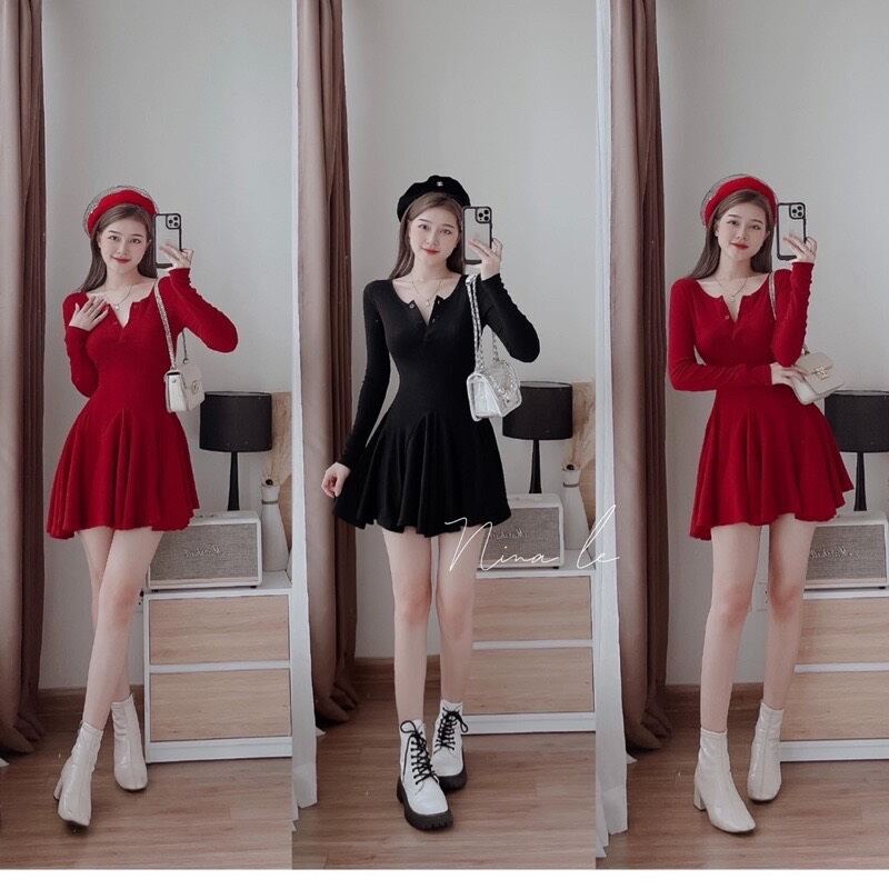 ĐẦM BODY ÔM XÒE ĐÍNH NÚT DXă