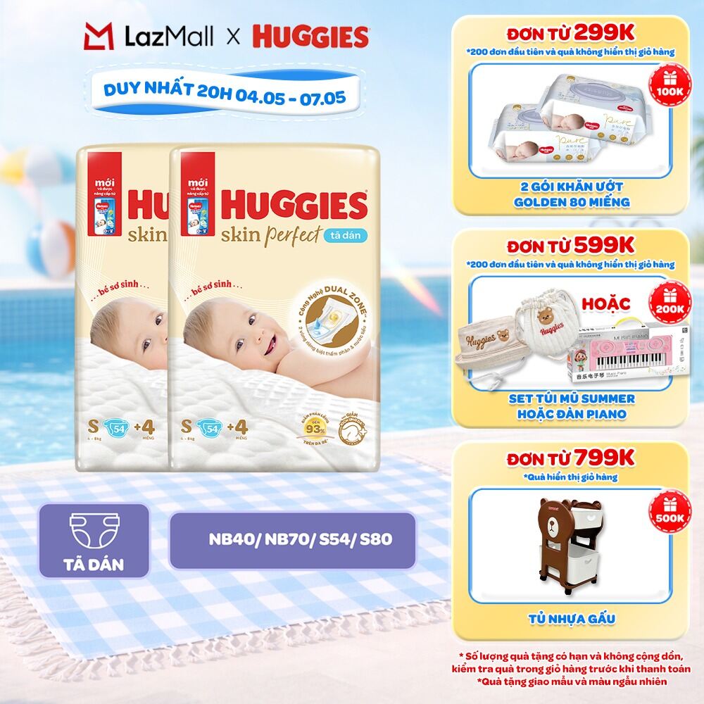 Combo 2 Tã Dán Sơ Sinh Huggies Skin Perfect NB40/NB70/S54/S80 Với 2 Vùng Thấm Giảm Kích Ứng Da
