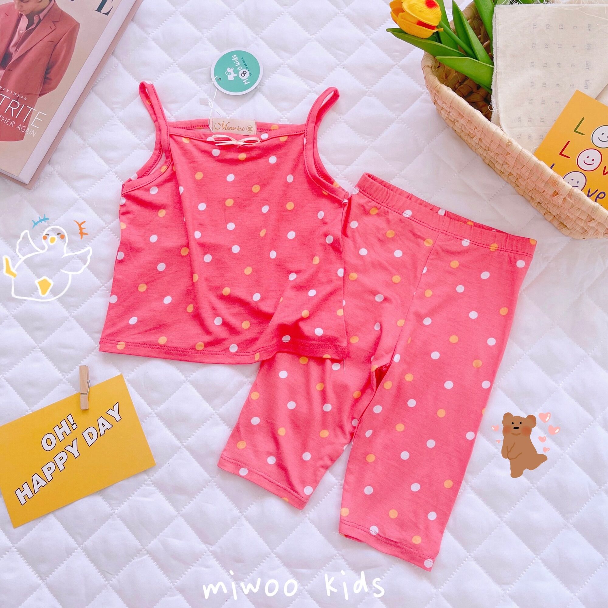 Bộ 2 dây bé gái quần lửng lụa hoa Miwoo xuất Nhật