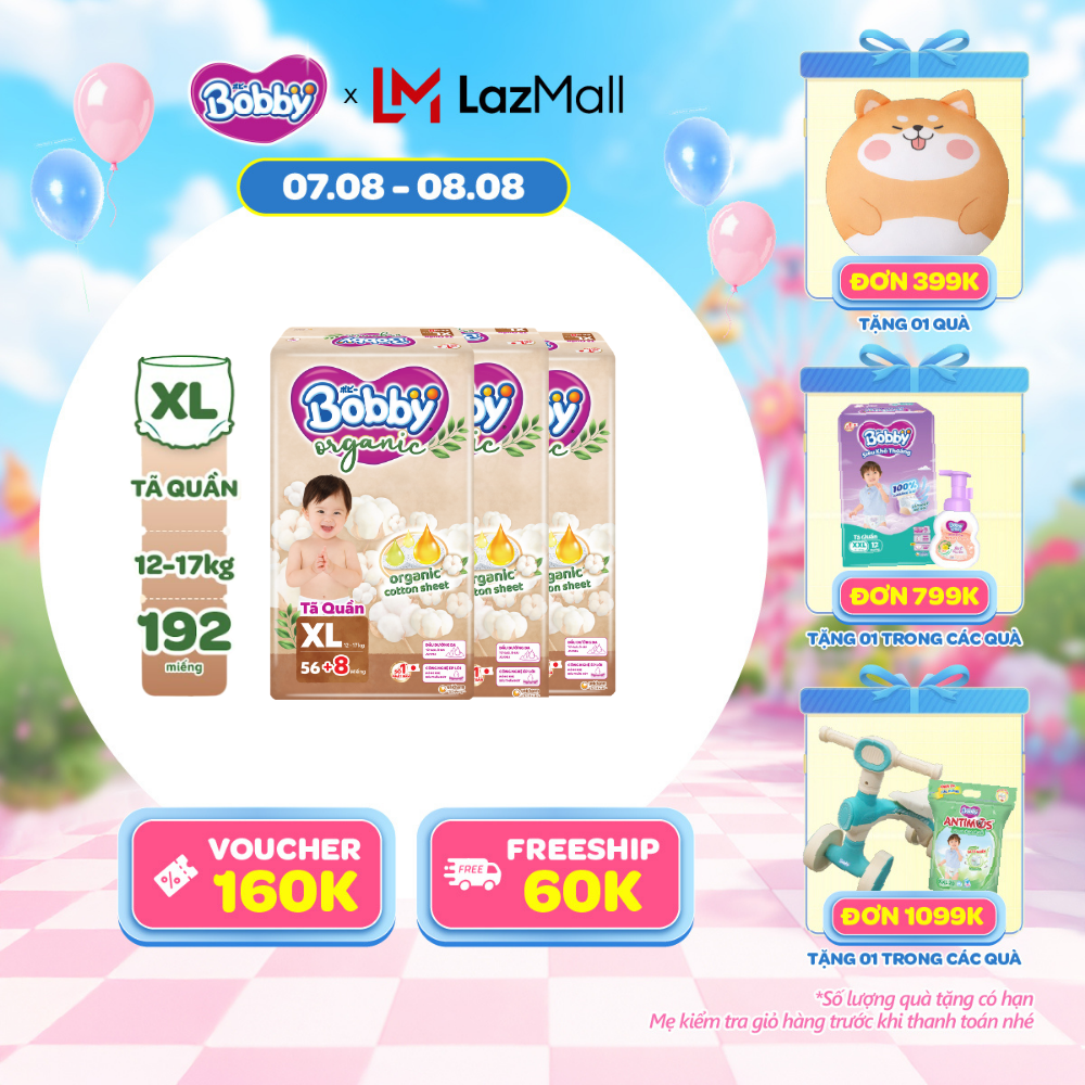 [20g 7-10.8 QUÀ TO][COMBO 3] [TẶNG KÈM 8 MIẾNG] Tã quần cao cấp Bobby Organic chăm sóc dịu nhẹ từ thiên nhiên XL56