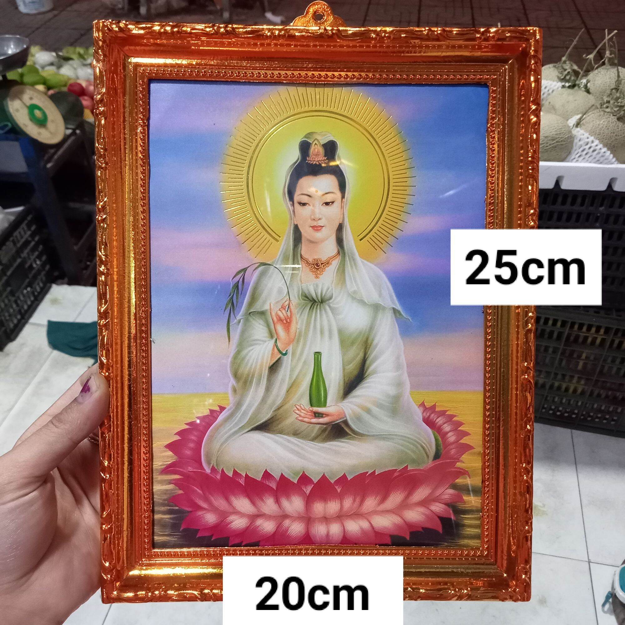 Bài vị Mẹ Quan Âm Vàng 20x25, 25x35 cm, khung tranh kiếng Quan Âm ngồi đài sen - tranh kiếng chạm