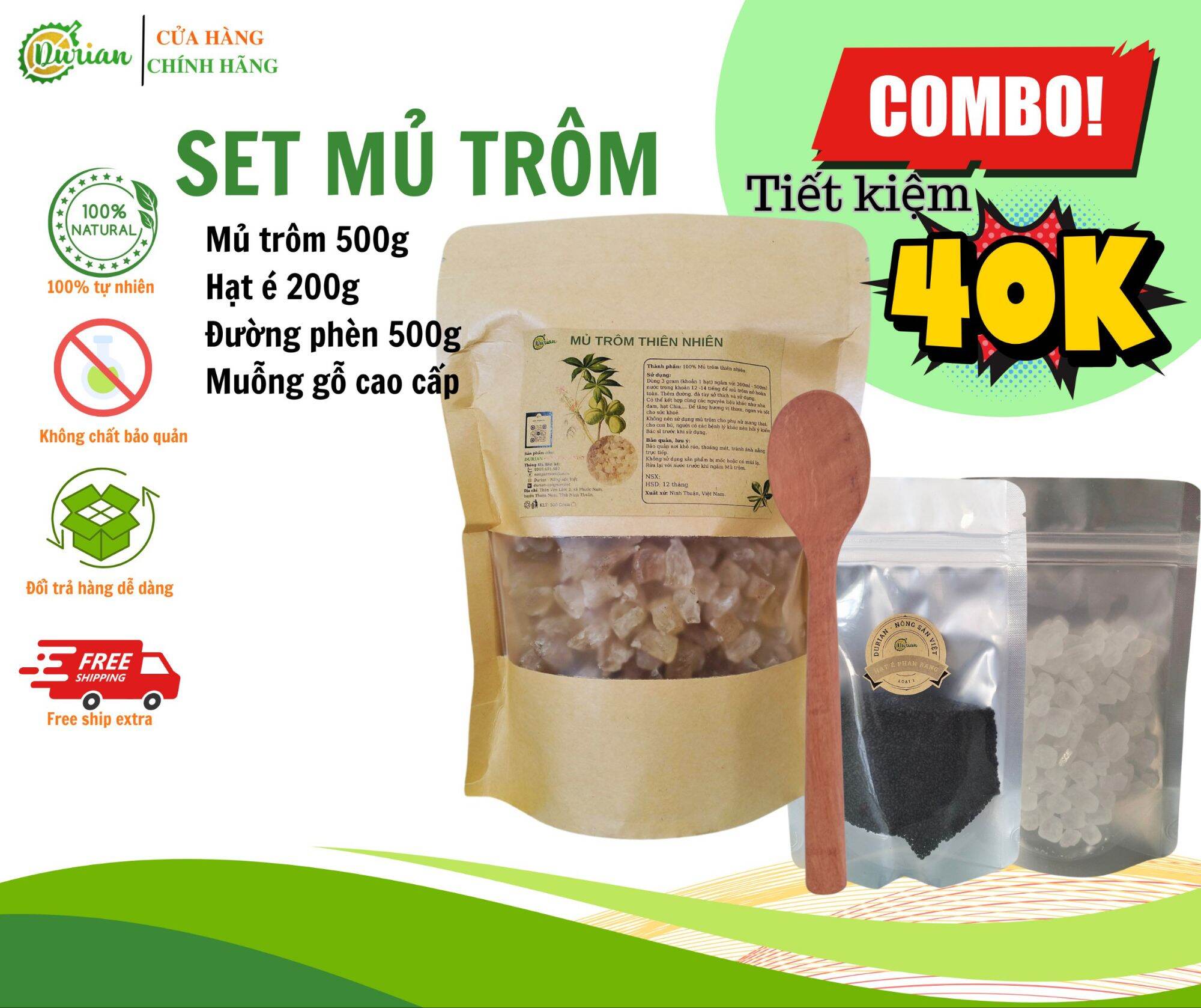 Set mủ trôm 500g, hạt é 200g, đường phèn 500g, muỗng gỗ cao cấp tiết kiệm, tiện lợi.