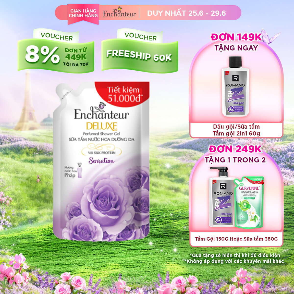 Túi Sữa Tắm hương nước hoa dưỡng da Enchanteur Sensation/Charming 450g/640g