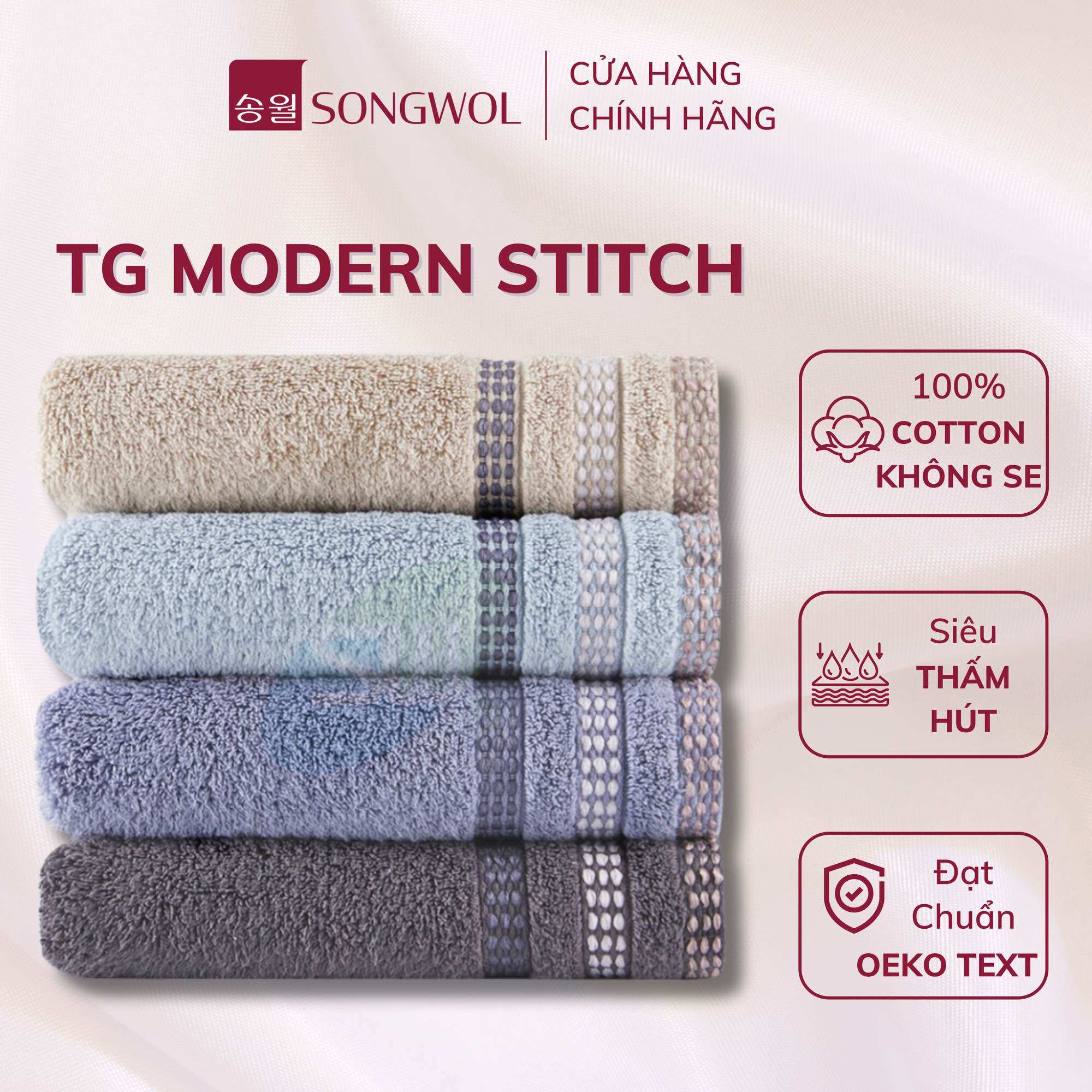 Khăn songwol màu tg modern stitch, 100% sợi cotton không se, thấm hút tốt, siêu mềm mại, chứng nhận an toàn cho da bé, khăn tắm, khăn mặt, khăn hàn quốc, khăn cao cấp, khăn cotton không se