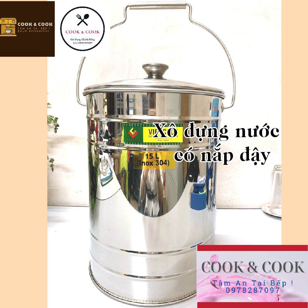 Xô inox đựng nước có nắp đậy inox 304 dung tích 10, 15 lít