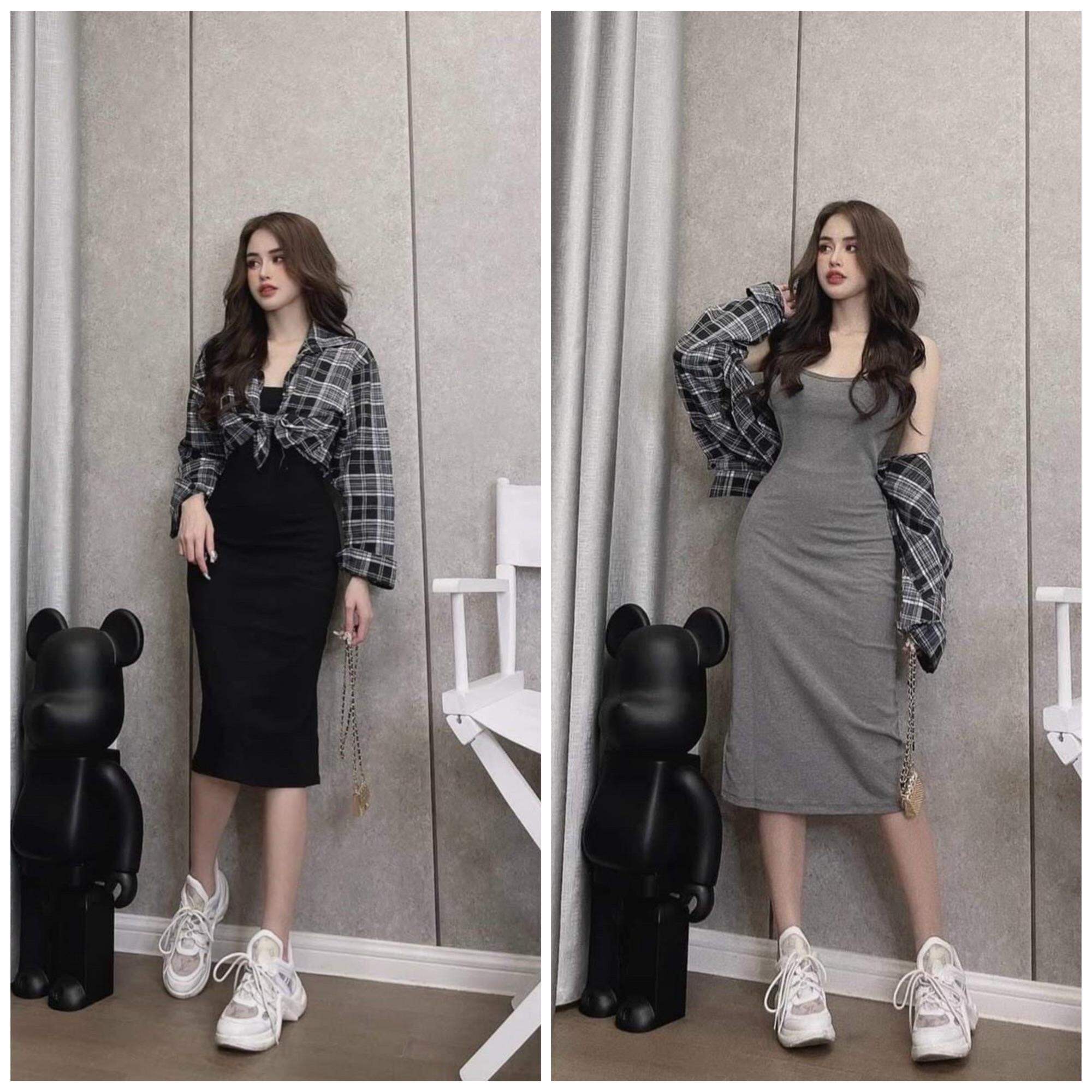 Đầm body kèm khoác sơ mi sọc caro - Shop Táo Đỏ bigsize