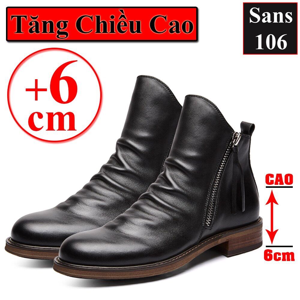 Giày nam cao cổ khóa kéo Sans106 da bò thật bigsize lớn 48 47 46 45 44 43 giầy boot tăng chiều cao bốt độn đế 6cm