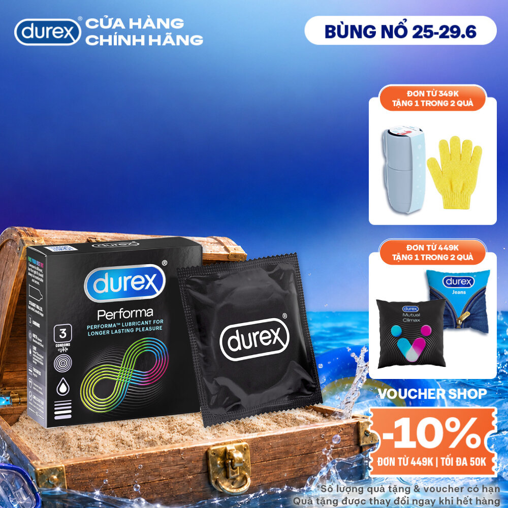 Bao cao su Durex Performa kéo dài thời gian, size 52mm, hộp 3 bao