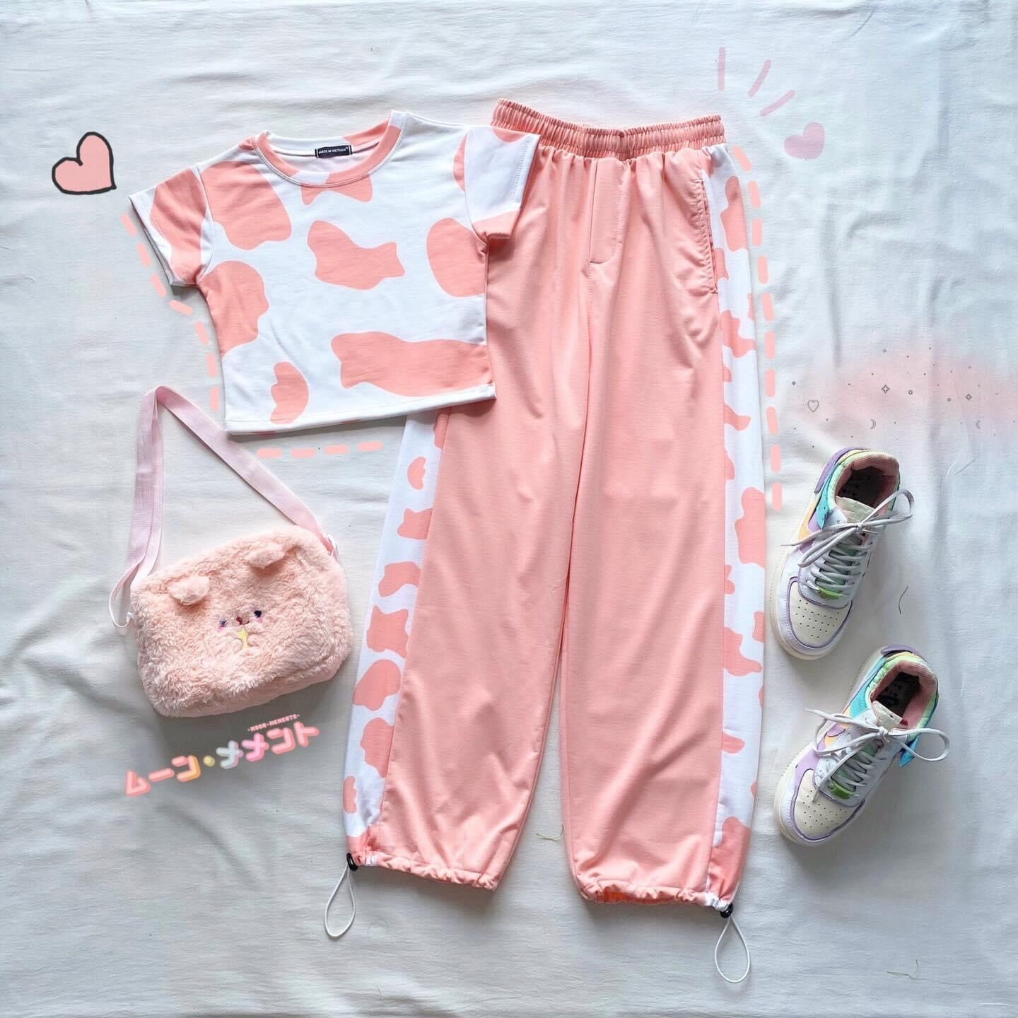 Set croptop + quần bò sữa - long pant - quần suông dây rút unisex