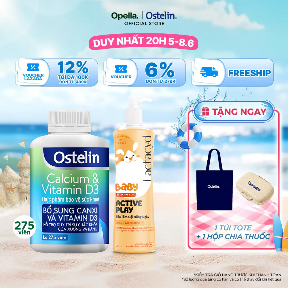 Ostelin Viên Uống Hỗ Trợ Bổ Sung Calcium  Vitamin D3 275 viên + Sữa Tắm Gội Hằng Ngày Cho Bé Lactacyd Baby Active Play 500ml