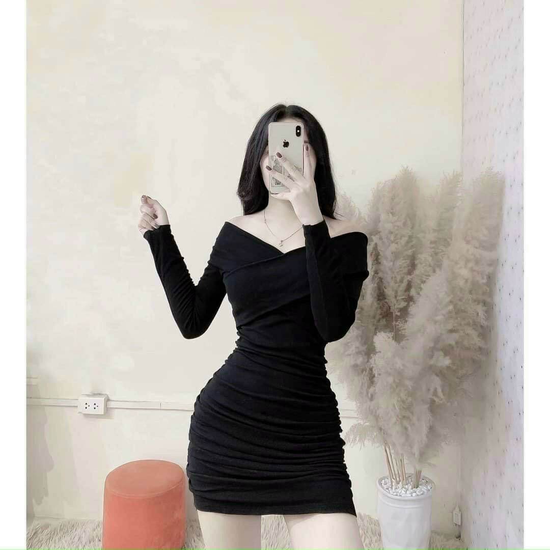 Đầm body thun gân trễ vai tay dài